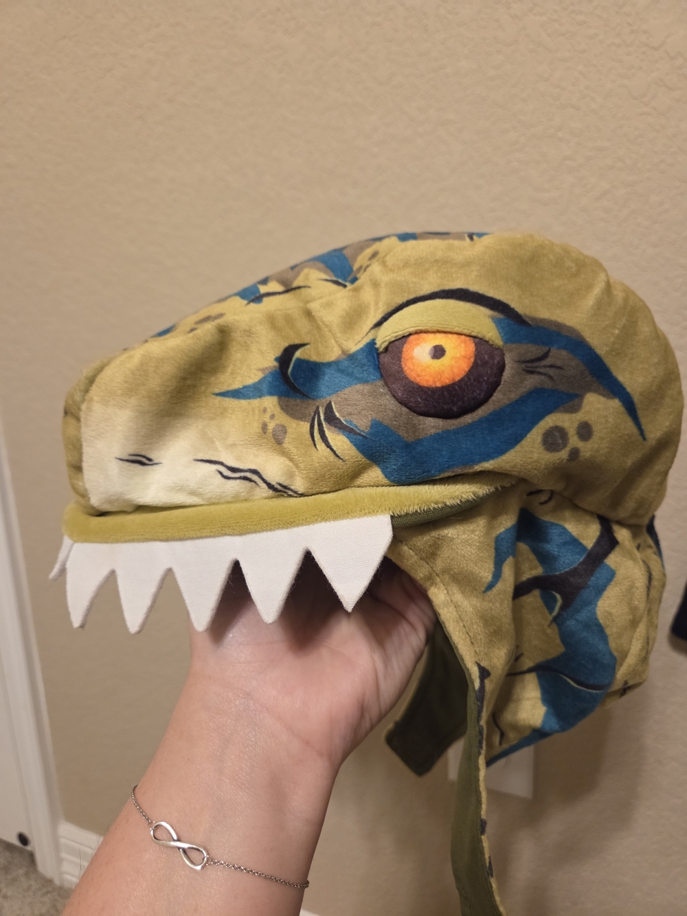 Plush Olive Green Velociraptor Dino Hat with Blue Accents - Kids Costume